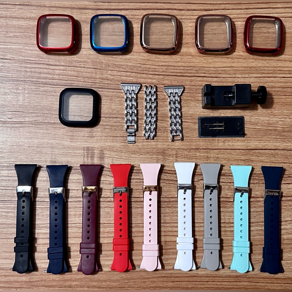 SOLD: Fitbit Versa 2 color, silver jewelry bands + screen protectors